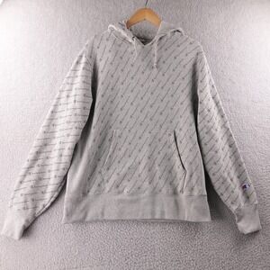 Champion Reverse Weave All Over Logo Print Hoodie Mens Large Gray Pullover